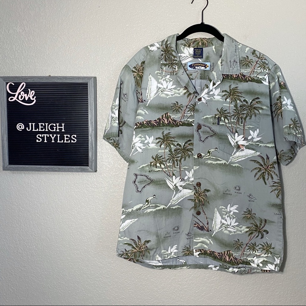 Vintage Light Green Palmwave Hawaiian Cotton Shirt